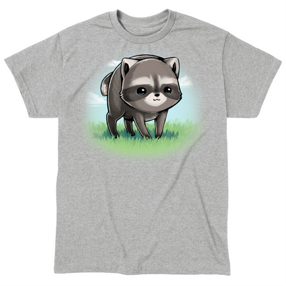 Classic Cotton T-shirt_TeeTurtle sport grey The Little Round Raccoon Classic Cotton T-shirt featuring a cute illustration of Jimothy, a raccoon with a short spine who gained internet fame for his unusual looks. He's smiling and you can see a little bit of the grass under him and the sky behind him. 