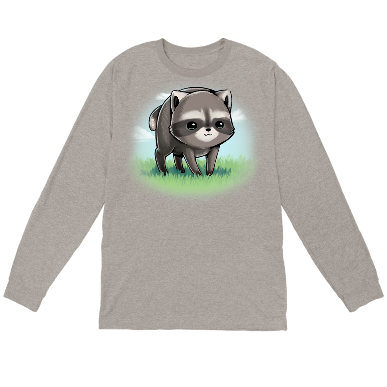 Long Sleeve T-shirt_TeeTurtle sport grey The Little Round Raccoon Long Sleeve T-shirt featuring a cute illustration of Jimothy, a raccoon with a short spine who gained internet fame for his unusual looks. He's smiling and you can see a little bit of the grass under him and the sky behind him. 