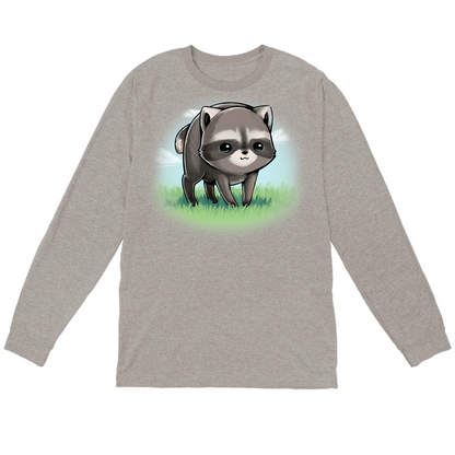 Long Sleeve T-shirt_TeeTurtle sport grey The Little Round Raccoon Long Sleeve T-shirt featuring a cute illustration of Jimothy, a raccoon with a short spine who gained internet fame for his unusual looks. He's smiling and you can see a little bit of the grass under him and the sky behind him. 