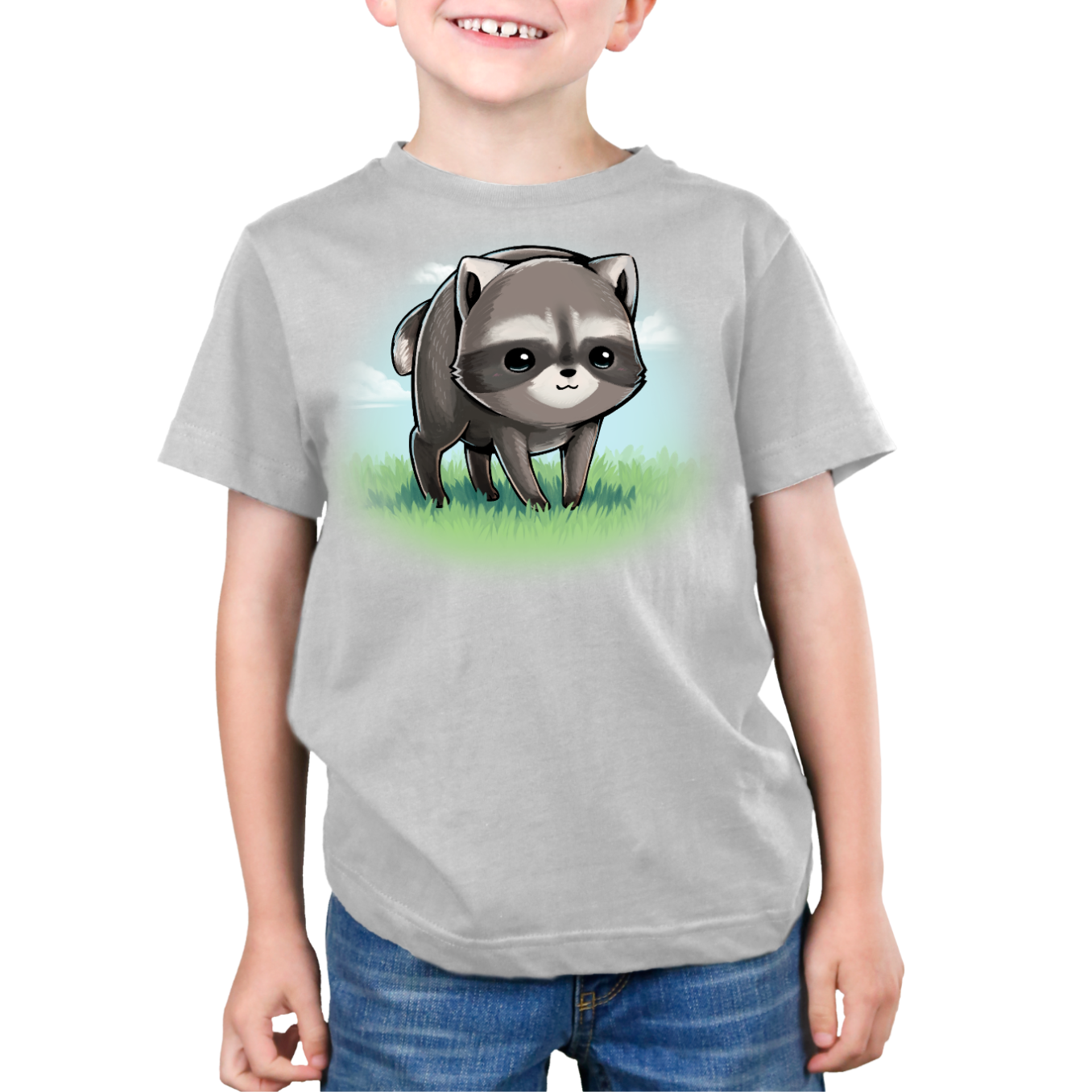 Premium Cotton T-shirt_TeeTurtle silver The Little Round Raccoon Premium Cotton T-shirt featuring a cute illustration of Jimothy, a raccoon with a short spine who gained internet fame for his unusual looks. He's smiling and you can see a little bit of the grass under him and the sky behind him. 