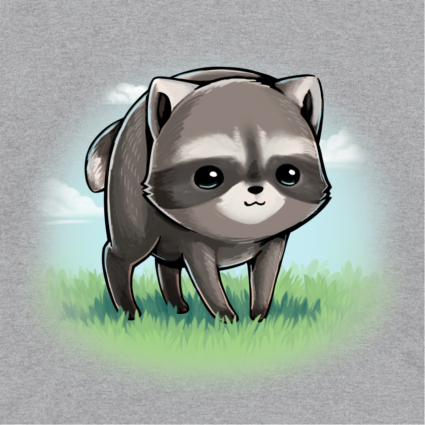 Pullover Hoodie_TeeTurtle sport grey The Little Round Raccoon Pullover Hoodie featuring a cute illustration of Jimothy, a raccoon with a short spine who gained internet fame for his unusual looks. He's smiling and you can see a little bit of the grass under him and the sky behind him. 