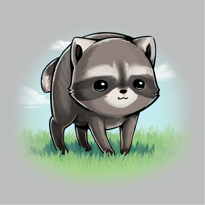 Premium Cotton T-shirt_TeeTurtle silver The Little Round Raccoon Premium Cotton T-shirt featuring a cute illustration of Jimothy, a raccoon with a short spine who gained internet fame for his unusual looks. He's smiling and you can see a little bit of the grass under him and the sky behind him. 