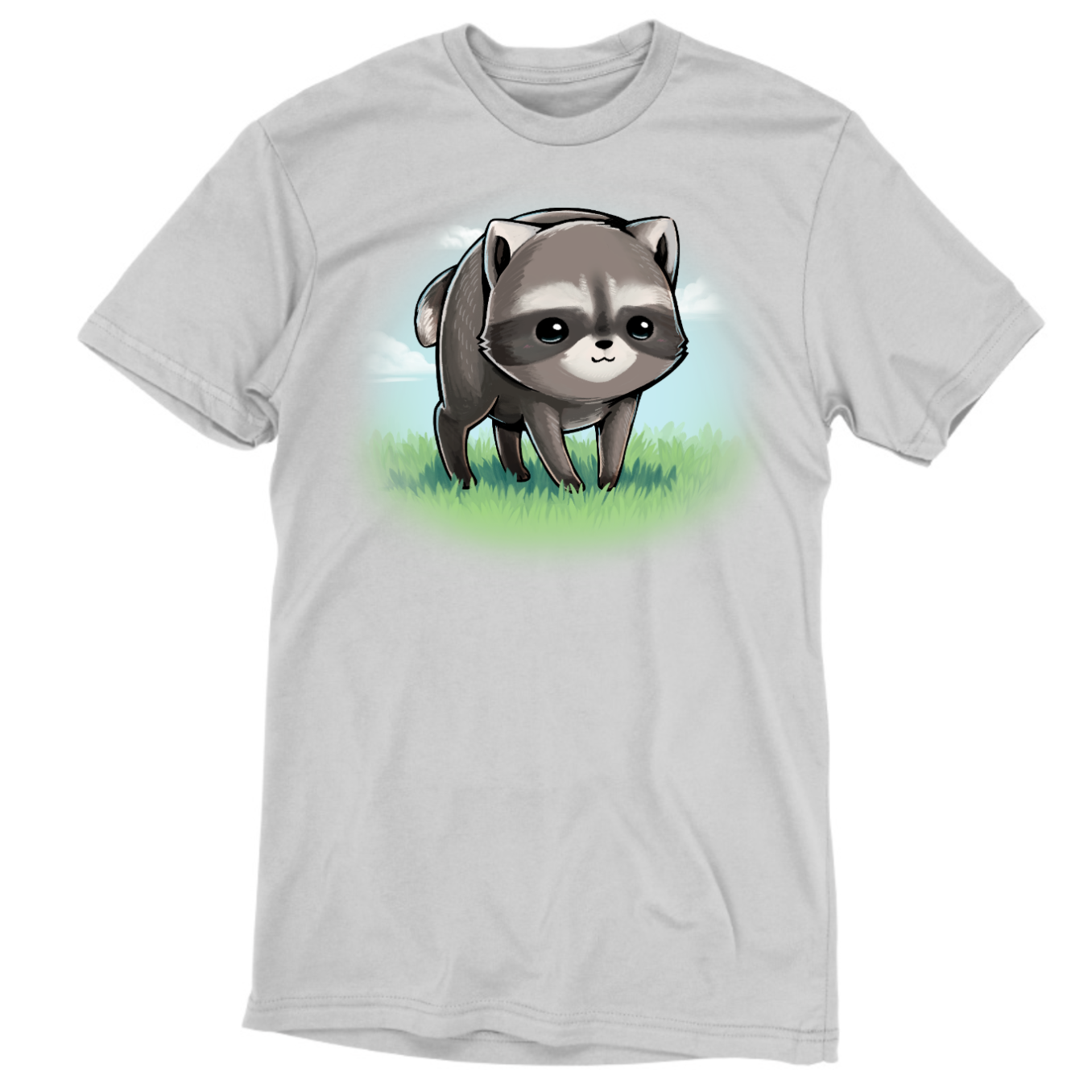 Premium Cotton T-shirt_TeeTurtle silver The Little Round Raccoon Premium Cotton T-shirt featuring a cute illustration of Jimothy, a raccoon with a short spine who gained internet fame for his unusual looks. He's smiling and you can see a little bit of the grass under him and the sky behind him. 