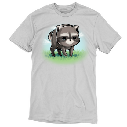 Premium Cotton T-shirt_TeeTurtle silver The Little Round Raccoon Premium Cotton T-shirt featuring a cute illustration of Jimothy, a raccoon with a short spine who gained internet fame for his unusual looks. He's smiling and you can see a little bit of the grass under him and the sky behind him. 