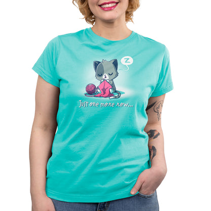 Premium Cotton T-shirt_TeeTurtle Just One More Row Caribbean blue t-shirt featuring a sleepy gray cat knitting/crafting with pink yarn.