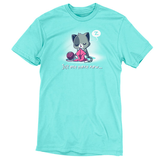 A Caribbean blue T-shirt featuring a cartoon image of a cat with a yarn ball and the text 