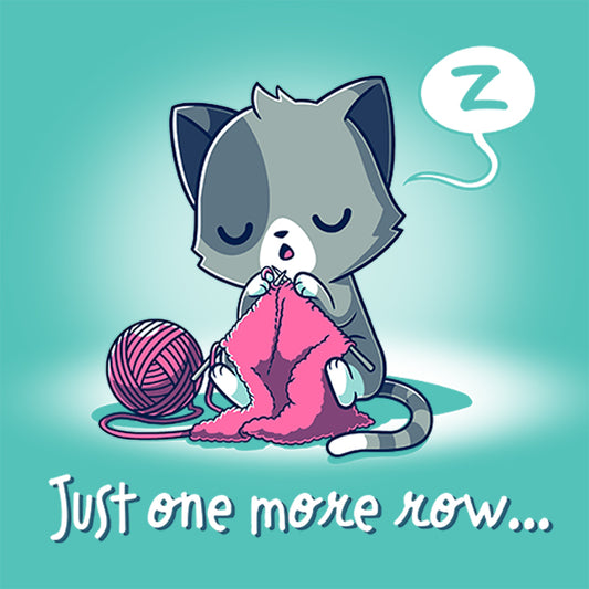 A cartoon cat is knitting a pink piece of fabric with a ball of yarn nearby. The cat's eyes are closed with a speech bubble showing a 