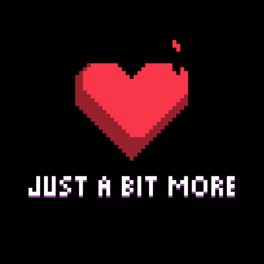 Pixelated red heart with a small missing piece, accompanied by the text 
