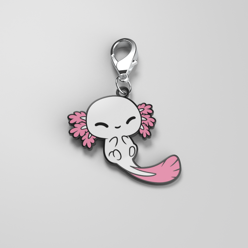 A cute Axolittle Enamel Keychain featuring a kawaii mermaid charm with pink hair, perfect for personal style.