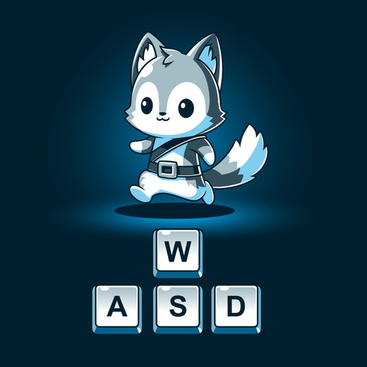 A TeeTurtle Keys to Adventure T-shirt featuring an image of a fox with the word wsad on it, inspired by PC games.