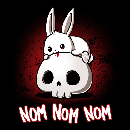 A black cotton Killer Bun Bun T-shirt with a bunny sitting on a skull, playfully saying "nom nom" from TeeTurtle.