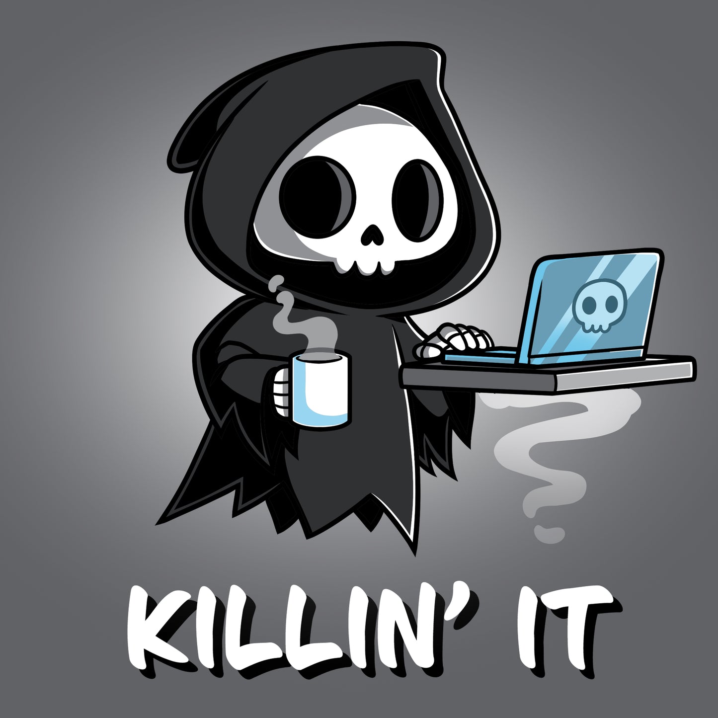 A Killin' It skeleton in a TeeTurtle hoodie with a laptop, internet speed, and charcoal gray t-shirt.