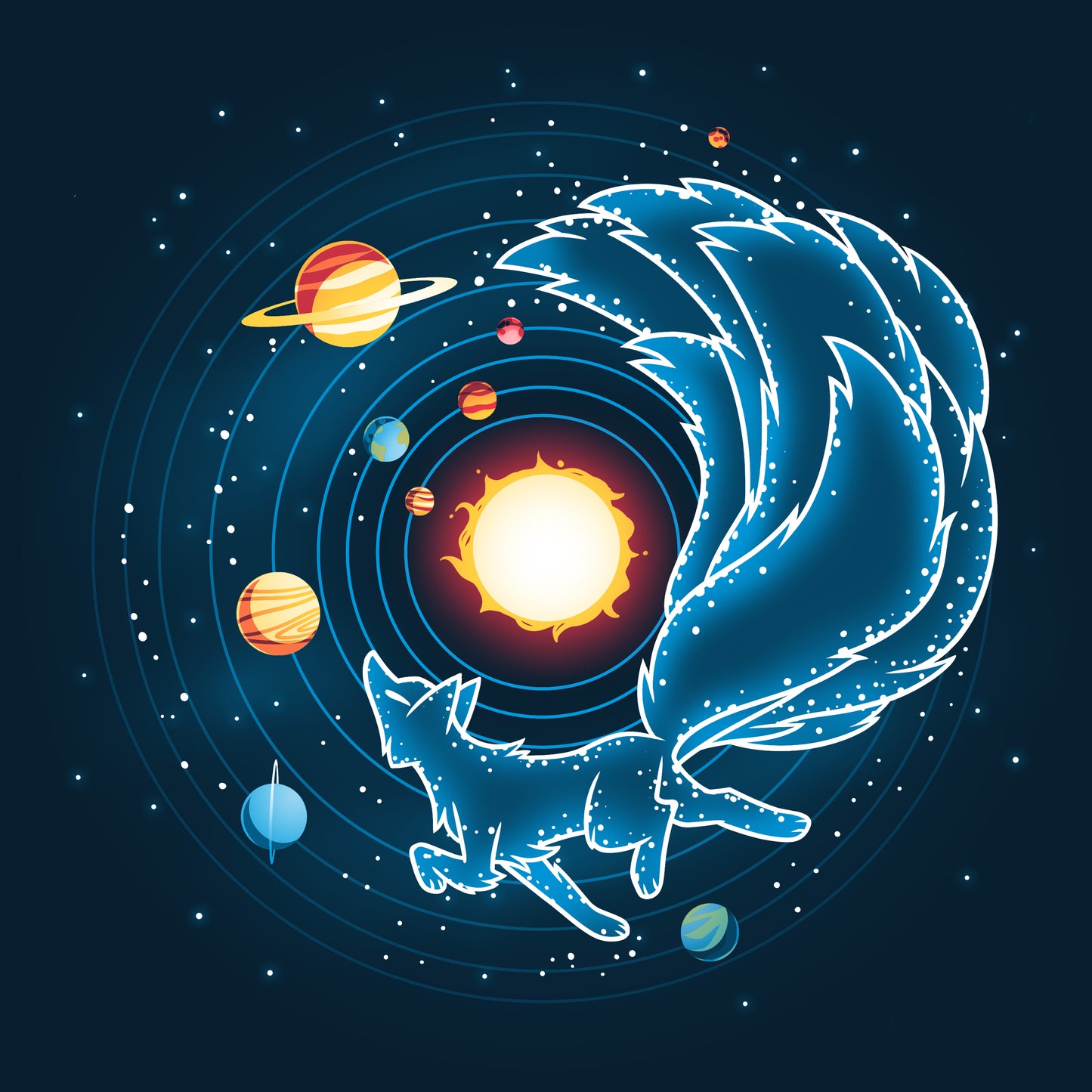 An image of a fox prancing across the Kitsune Constellation among the planets, brought to you by TeeTurtle.