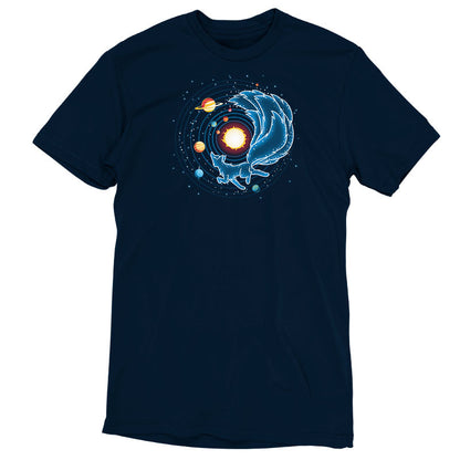 The super soft ringspun cotton navy blue monsterdigital t-shirt features a graphic of the Kitsune Constellation, with a cat outlined in blue, curled around planets and a central sun, suggesting a cosmic theme.