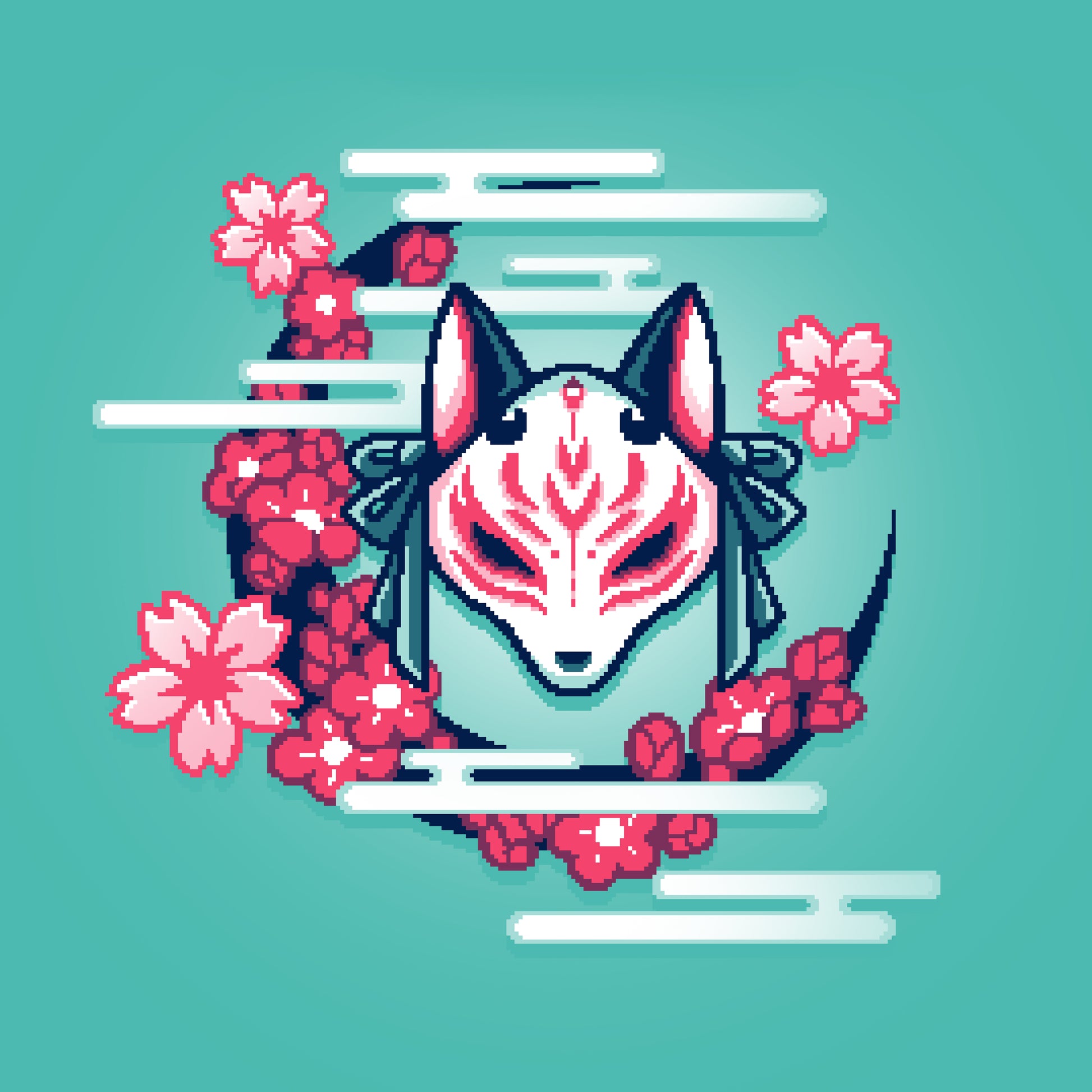 Japanese fox with cherry blossoms against a Caribbean Blue background. Perfect for Kitsune Mask Pixel Art by TeeTurtle tees!