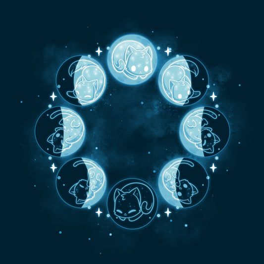 A TeeTurtle Navy Blue Kitty Moon Phases T-shirt, featuring the phases of the moon in a circle, with a Lunar Kitty sitting among them.