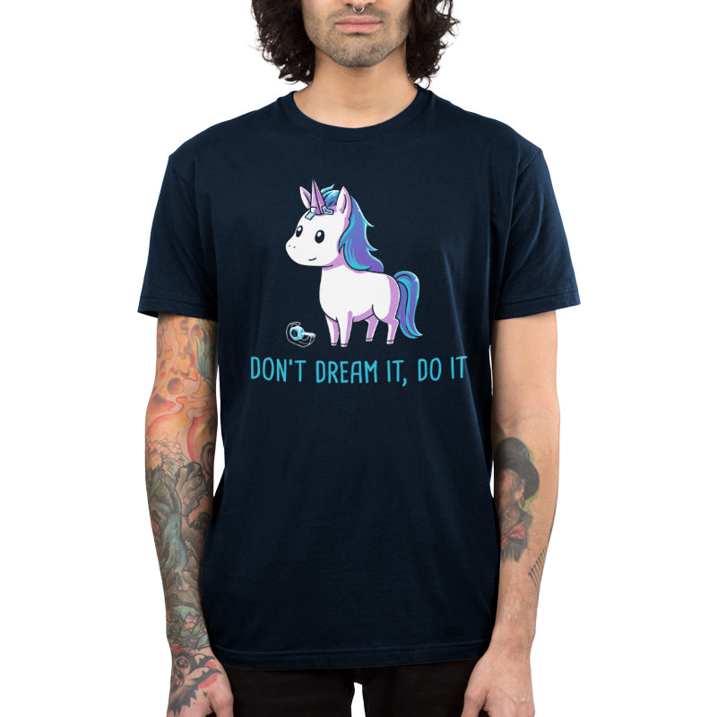 Premium Cotton T-shirt_TeeTurtle navy blue Don't Dream It Do It. Featuring a horse with a paper unicorn horn taped to its forehead.