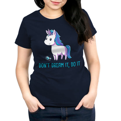 Premium Cotton T-shirt_TeeTurtle navy blue Don't Dream It Do It. Featuring a horse with a paper unicorn horn taped to its forehead.