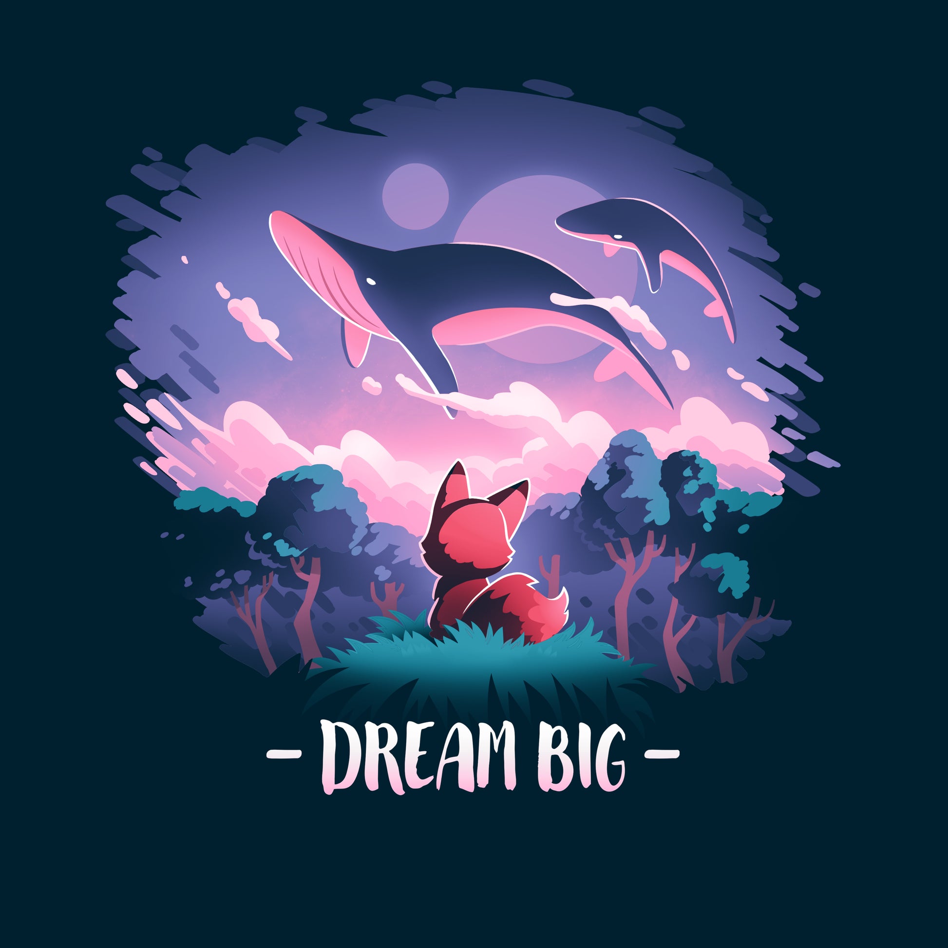 Premium Cotton T-shirt_TeeTurtle Dream Big navy blue t-shirt featuring an orange fox who gazes at magical whales flying in the night sky above a fantasy forest with the text "Dream Big" below.