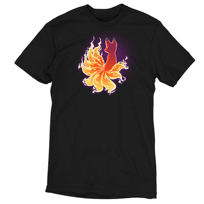 Black unisex tee featuring a vibrant graphic of a stylized Fire Kitsune surrounded by swirling flames, made from super soft ringspun cotton. Product Name: Fire Kitsune Brand Name: monsterdigital