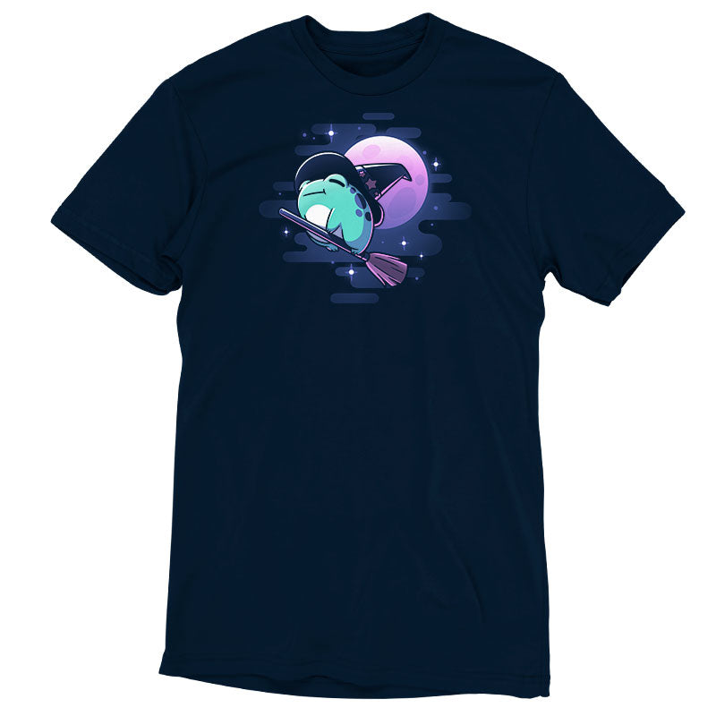 Premium Cotton T-shirt_TeeTurtle Frog Witch navy blue t-shirt featuring a frog wearing a witch hat flies on a broomstick.