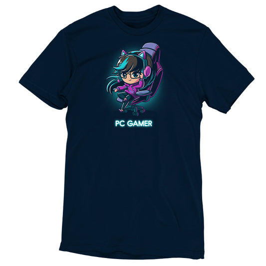 Premium Cotton T-shirt_TeeTurtle PC Gamer navy blue t-shirt featuring a person with teal highlights and glasses wearing cat ear headphones sitting in a gaming chair.