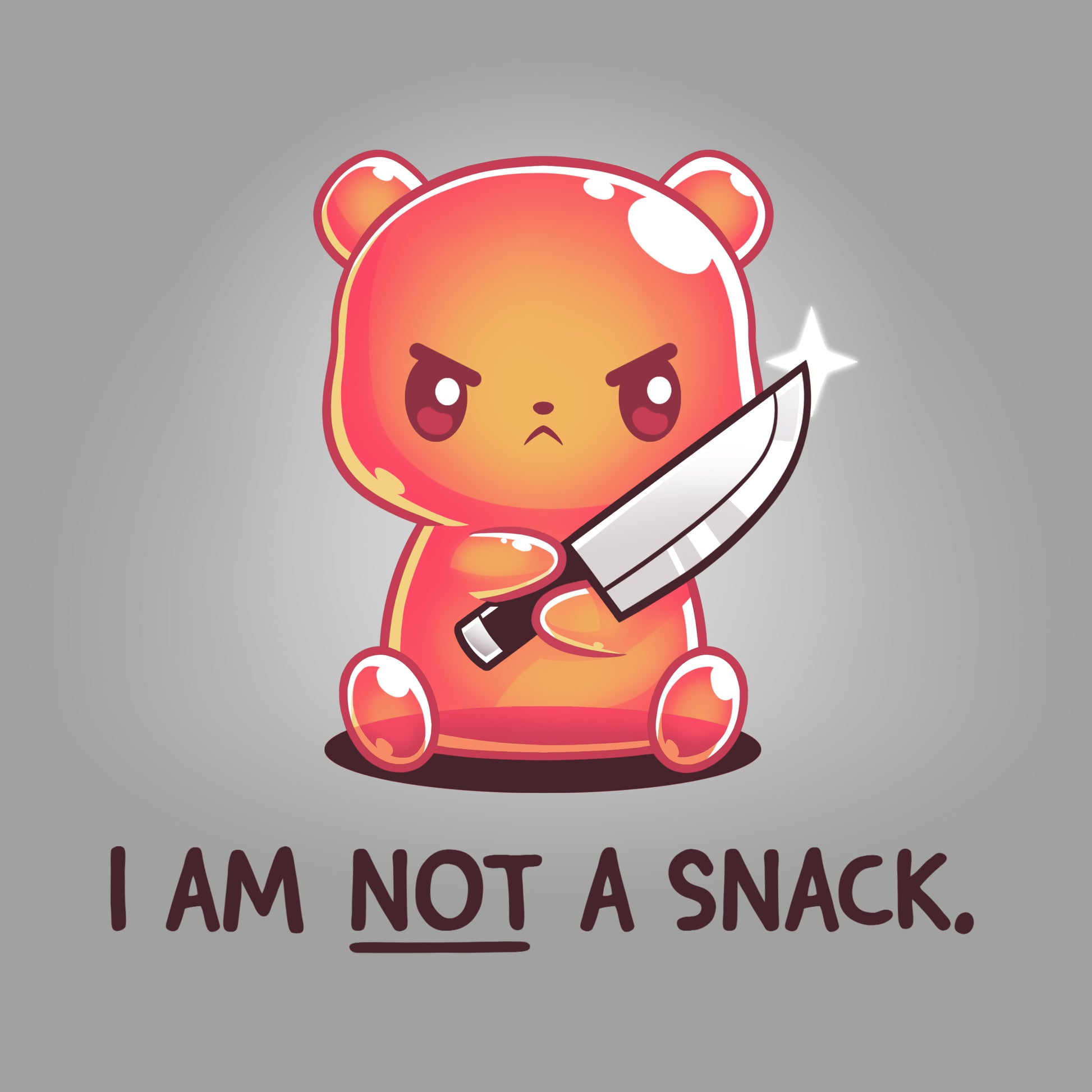 Premium Cotton T-shirt_TeeTurtle I Am Not A Snack silver gray t-shirt featuring a semi-translucent orange gummy bear holding a large kitchen knife looking angry. Beneath it there's text saying "I am not a snack"