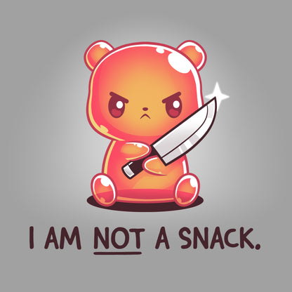 Premium Cotton T-shirt_TeeTurtle I Am Not A Snack silver gray t-shirt featuring a semi-translucent orange gummy bear holding a large kitchen knife looking angry. Beneath it there's text saying "I am not a snack"