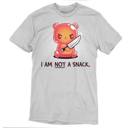 Premium Cotton T-shirt_TeeTurtle I Am Not A Snack silver gray t-shirt featuring a semi-translucent orange gummy bear holding a large kitchen knife looking angry. Beneath it there's text saying "I am not a snack"