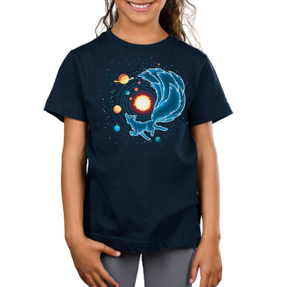A girl wearing a super soft ringspun cotton navy blue t-shirt featuring the Kitsune Constellation design by monsterdigital, where a whimsical fox circles the sun and planets in a solar system.