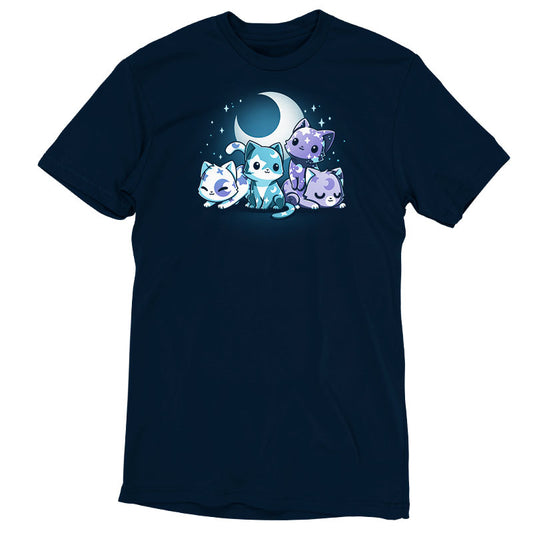 Stargazing Companions: Moon & Star Meows navy blue T-shirt from monsterdigital, featuring an illustration of four cats in shades of blue, purple, and white, sitting under a crescent moon with stars. Made from super soft ringspun cotton for extra comfort.