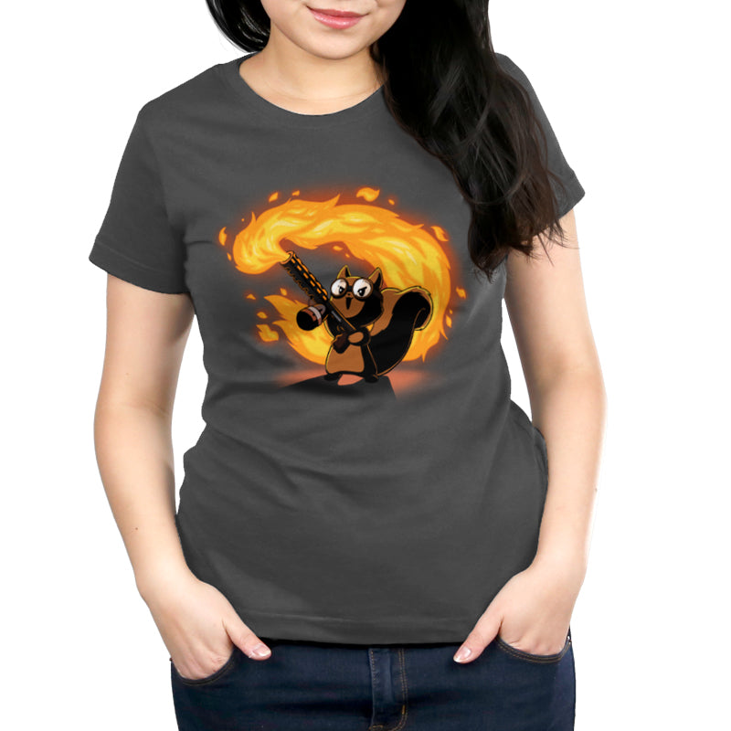 Premium Cotton T-shirt_TeeTurtle Pyromaniac Squirrel charcoal gray t-shirt featuring a cute fantasy squirrel in goggles gleefully wielding a flamethrower.