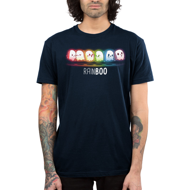 Premium Cotton T-shirt_TeeTurtle Rainboo Navy Blue t-shirt featuring six colorful spooky pride ghosts arranged in a line, each representing a color of the rainbow. The word "RAINBOO" is below them, with the "BOO" in a different font for emphasis.