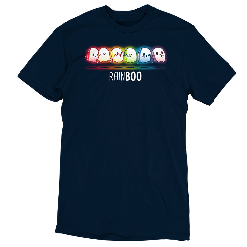 Premium Cotton T-shirt_TeeTurtle Rainboo Navy Blue t-shirt featuring six colorful spooky pride ghosts arranged in a line, each representing a color of the rainbow. The word "RAINBOO" is below them, with the "BOO" in a different font for emphasis.