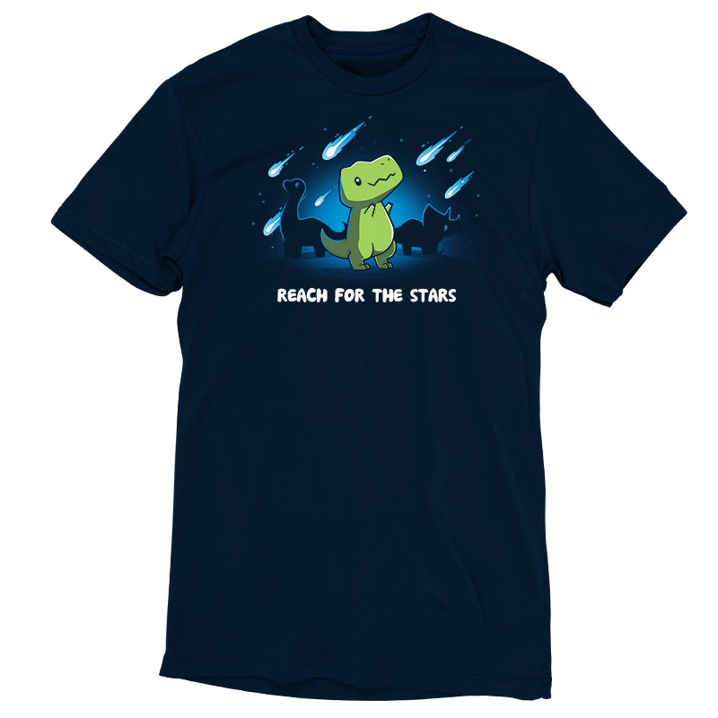Navy Blue Tee featuring a green dinosaur with its arms raised, surrounded by meteors, with the text "REACH FOR THE STARS" below the graphic. Made from super soft ringspun cotton for ultimate comfort. Product Name: Reach For The Stars, Brand Name: monsterdigital.