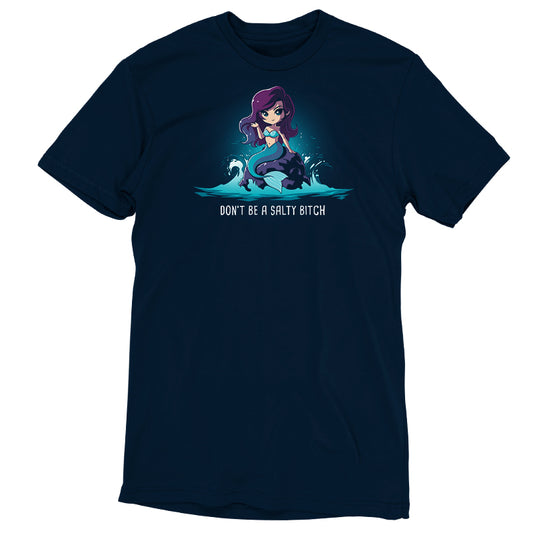 Premium Cotton T-shirt_TeeTurtle Salty Beach navy blue t-shirt featuring a magical purple-haired mermaid with a teal tail sitting on a rock in the ocean, with the pun 