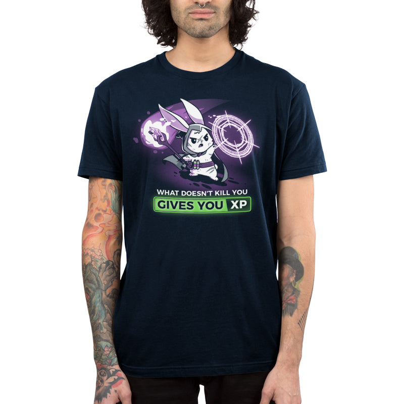 Premium Cotton T-shirt_TeeTurtle What Doesn't Kill You Gives You XP (Bunny) navy blue t-shirt featuring a rabbit in a mage costume casting a spell, holding a staff with a green potion attached. Text below reads "What Doesn't Kill You Gives You XP."