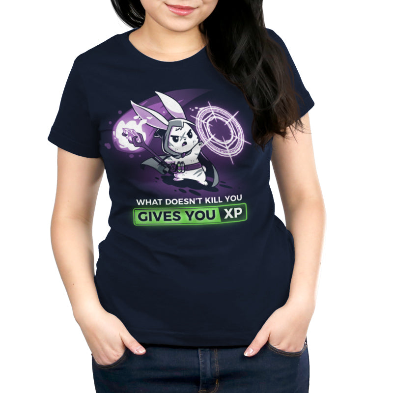 Premium Cotton T-shirt_TeeTurtle What Doesn't Kill You Gives You XP (Bunny) navy blue t-shirt featuring a rabbit in a mage costume casting a spell, holding a staff with a green potion attached. Text below reads "What Doesn't Kill You Gives You XP."