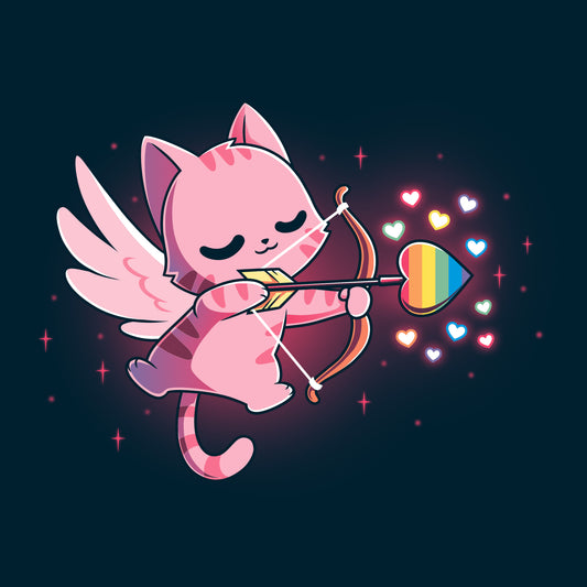 A pink LGBTQ-pid Kitty with a bow and arrow wearing a Navy Blue TeeTurtle T-shirt, spreading love.