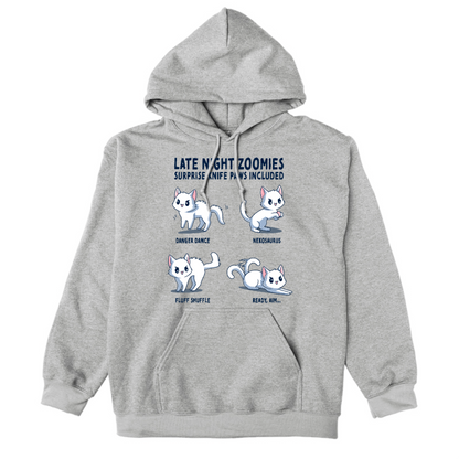 Pullover Hoodie_TeeTurtle light gray Late Night Zoomies Pullover Hoodie featuring four energetic white cats in different playful poses with the text "Late Night Zoomies, Surprise Knife Paws Included" and labels "Danger Dance," "Nekosaurus," "Fluff Shuffle," and "Ready, Aim..."