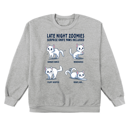 Crew Neck Sweatshirt_TeeTurtle light gray Late Night Zoomies Crew Neck Sweatshirt featuring four energetic white cats in different playful poses with the text "Late Night Zoomies, Surprise Knife Paws Included" and labels "Danger Dance," "Nekosaurus," "Fluff Shuffle," and "Ready, Aim..."