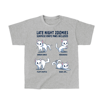 Kids' Classic T-Shirt_TeeTurtle light gray Late Night Zoomies Kids' Classic T-Shirt featuring four energetic white cats in different playful poses with the text "Late Night Zoomies, Surprise Knife Paws Included" and labels "Danger Dance," "Nekosaurus," "Fluff Shuffle," and "Ready, Aim..."