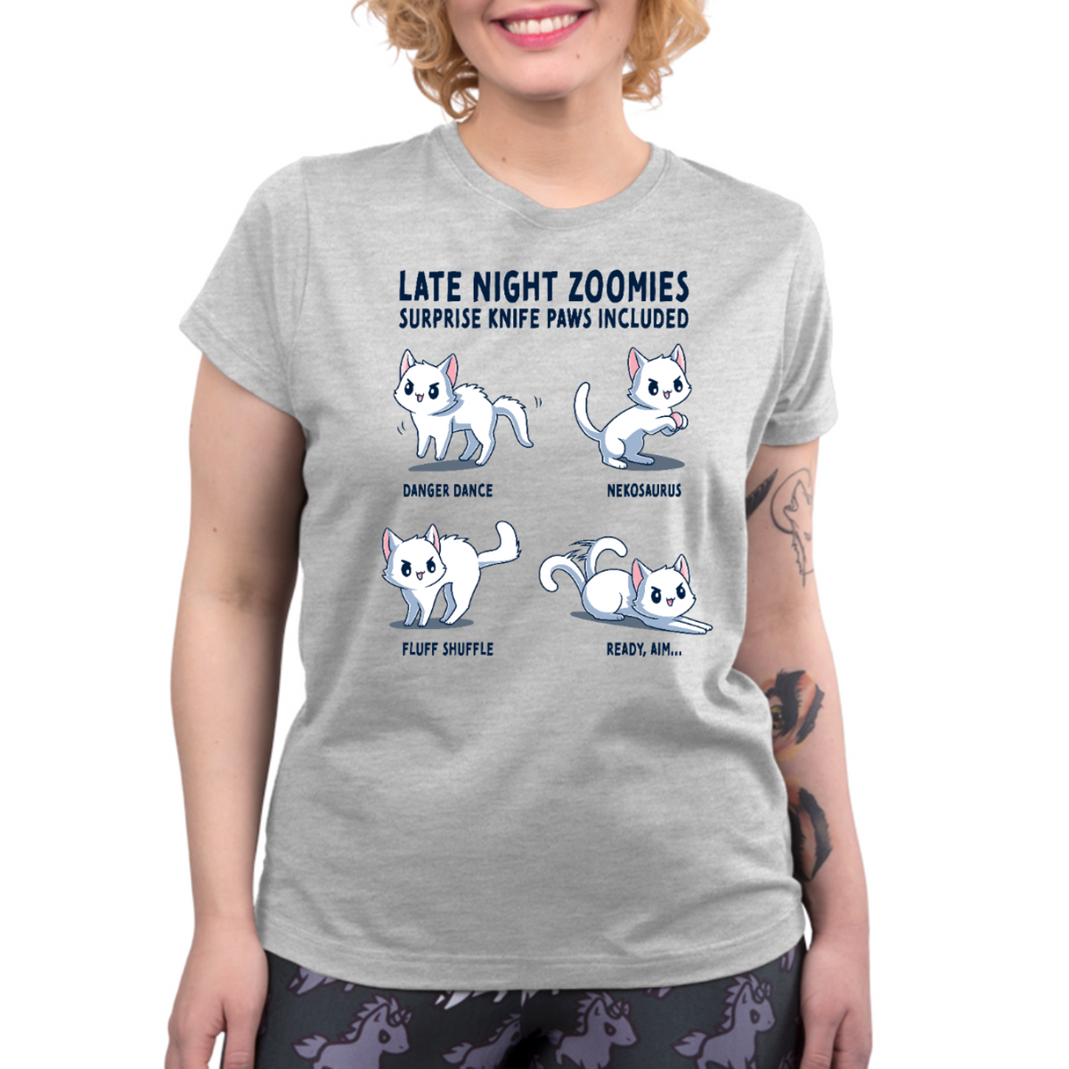Women's Premium T-Shirt_TeeTurtle light gray Late Night Zoomies Women's Premium T-Shirt featuring four energetic white cats in different playful poses with the text "Late Night Zoomies, Surprise Knife Paws Included" and labels "Danger Dance," "Nekosaurus," "Fluff Shuffle," and "Ready, Aim..."