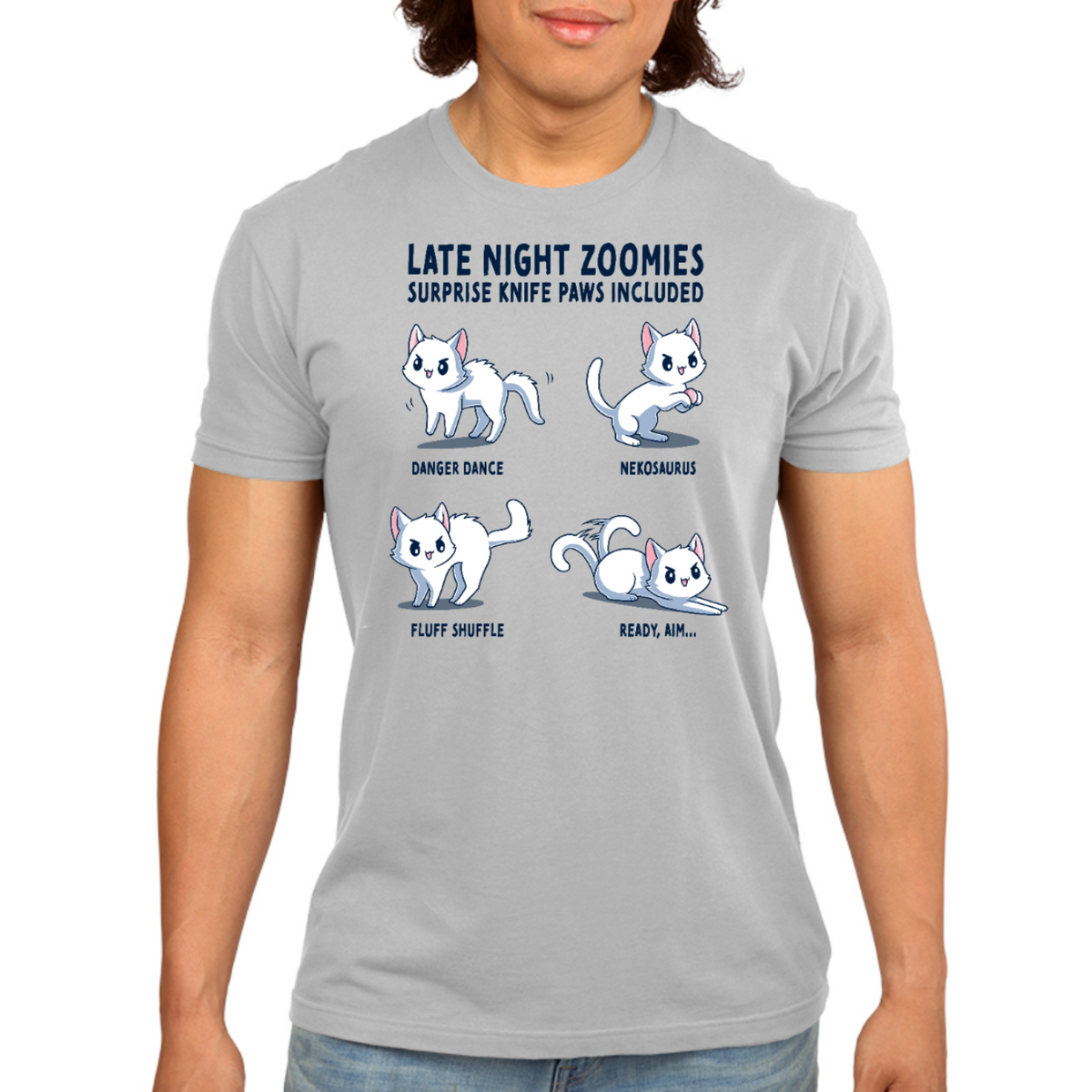 Men's Premium T-Shirt_TeeTurtle light gray Late Night Zoomies Men's Premium T-Shirt featuring four energetic white cats in different playful poses with the text "Late Night Zoomies, Surprise Knife Paws Included" and labels "Danger Dance," "Nekosaurus," "Fluff Shuffle," and "Ready, Aim..."