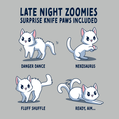 Men's Premium T-Shirt_TeeTurtle light gray Late Night Zoomies Men's Premium T-Shirt featuring four energetic white cats in different playful poses with the text "Late Night Zoomies, Surprise Knife Paws Included" and labels "Danger Dance," "Nekosaurus," "Fluff Shuffle," and "Ready, Aim..."