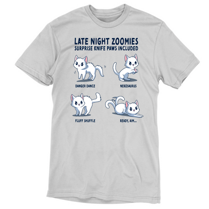 Men's Premium T-Shirt_TeeTurtle light gray Late Night Zoomies Men's Premium T-Shirt featuring four energetic white cats in different playful poses with the text "Late Night Zoomies, Surprise Knife Paws Included" and labels "Danger Dance," "Nekosaurus," "Fluff Shuffle," and "Ready, Aim..."