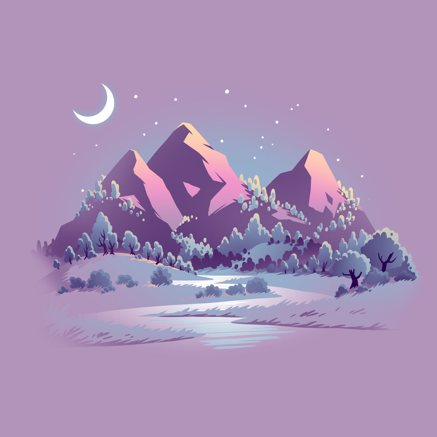 A comfortable Lavender Peaks t-shirt featuring a landscape with mountains and a river at night, by TeeTurtle.