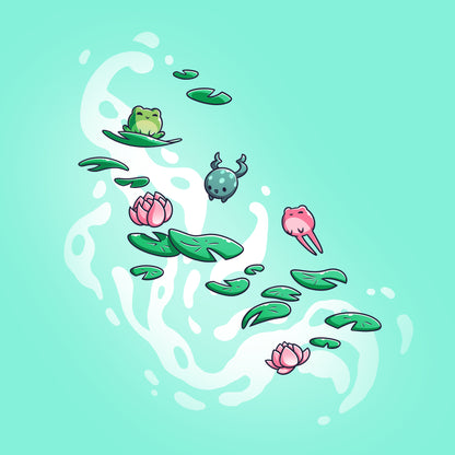 Water lilies and frogs floating in the water, creating a comfortable and fitting Leaping Lily Pads T-shirt design from TeeTurtle.