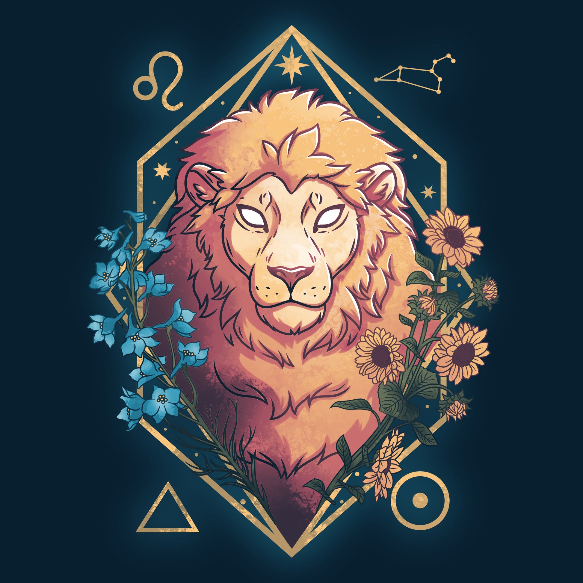 A TeeTurtle Leo Zodiac lion on a navy blue t-shirt with zodiac signs and flowers.