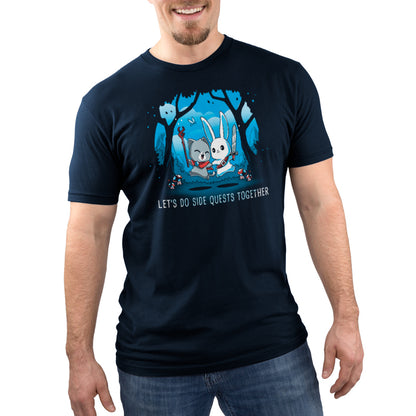 A man wearing a navy blue t-shirt explores a forest in Let's Do Side Quests Together, a game with a friend, by TeeTurtle.
